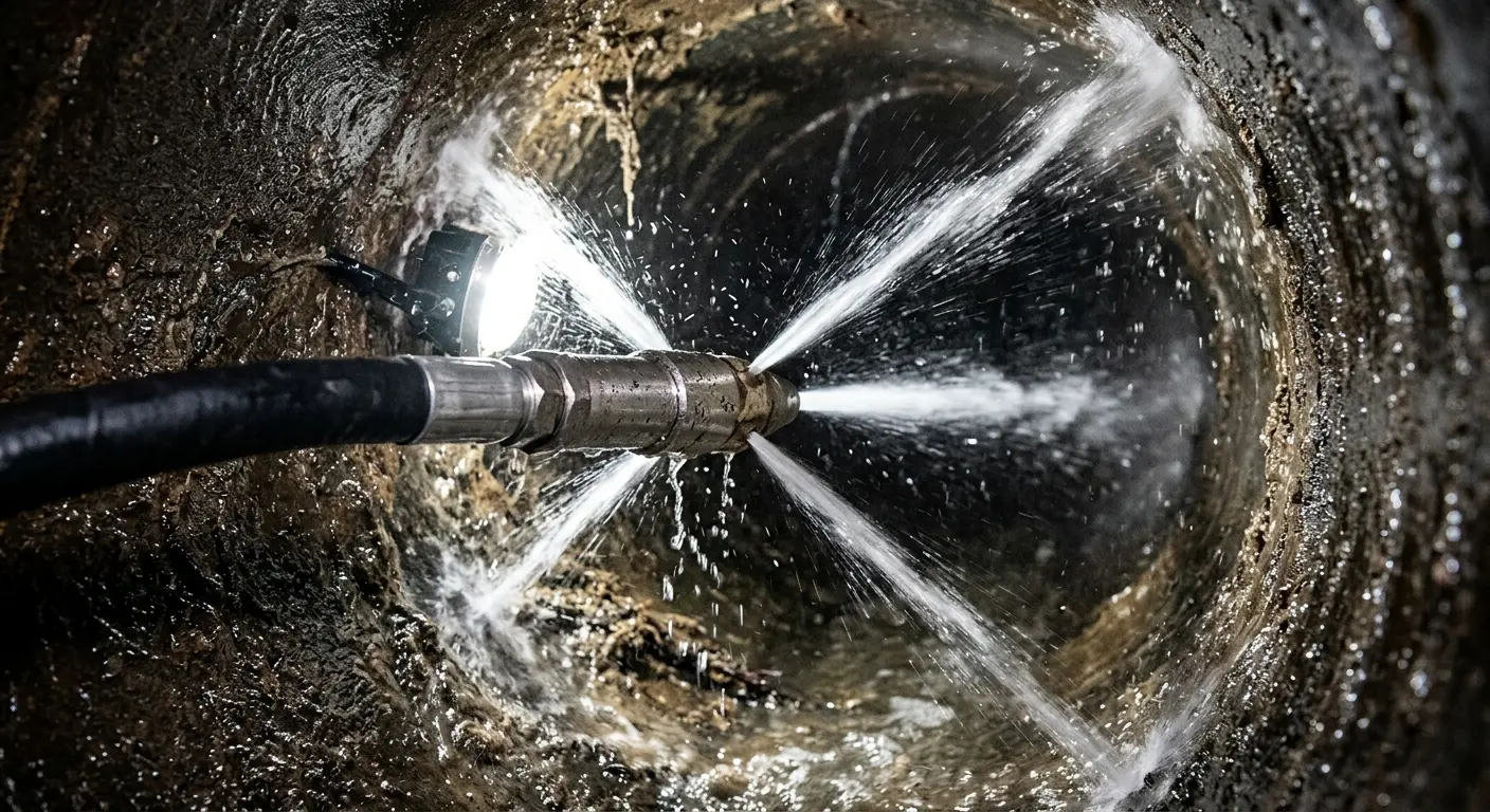 High-pressure hydro jetting nozzle cleaning sewer pipe for Sewer Cleanout in Plain City