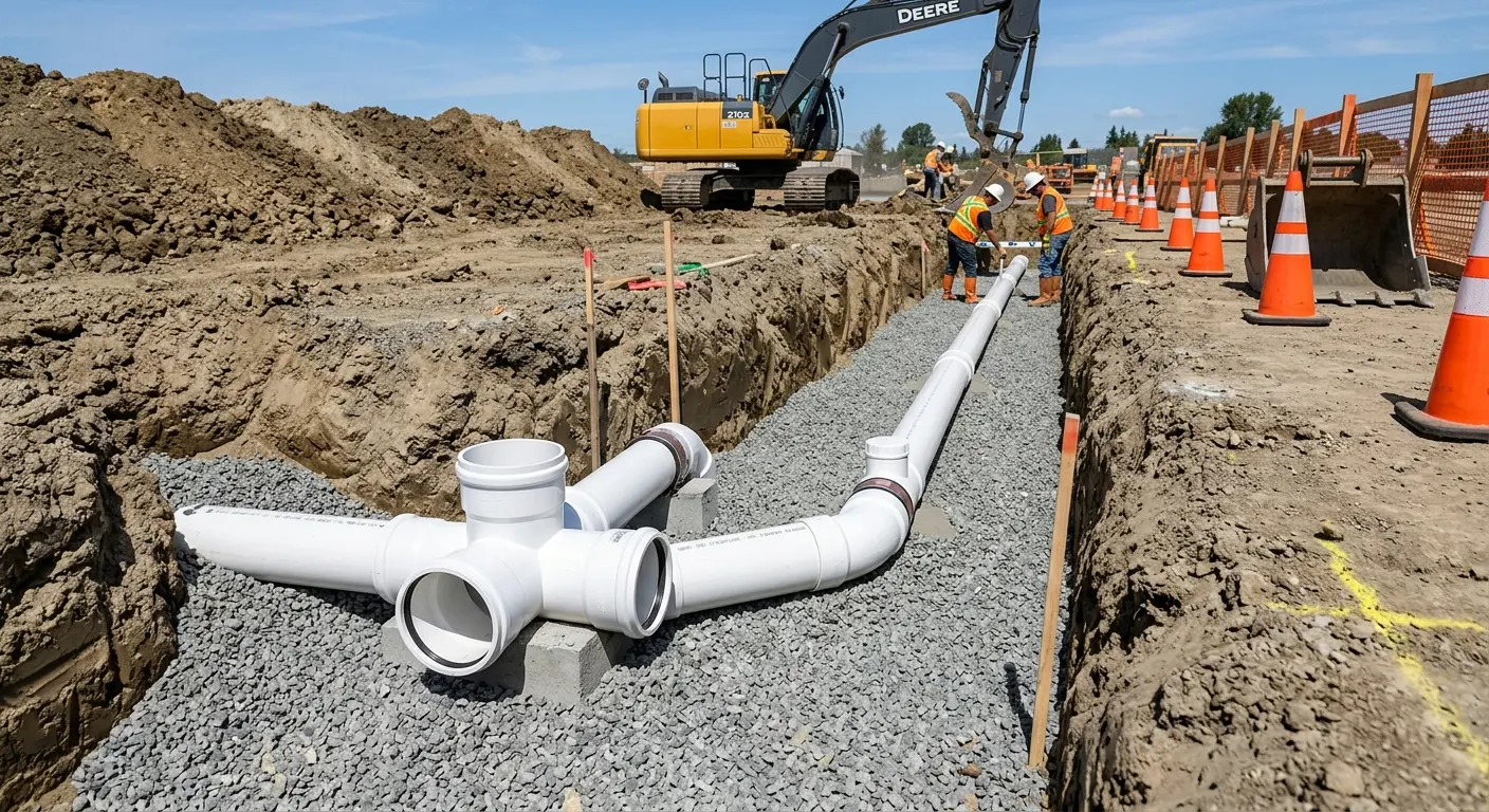 New PVC sewer pipe installation in open trench for Sewer Backup in Plain City