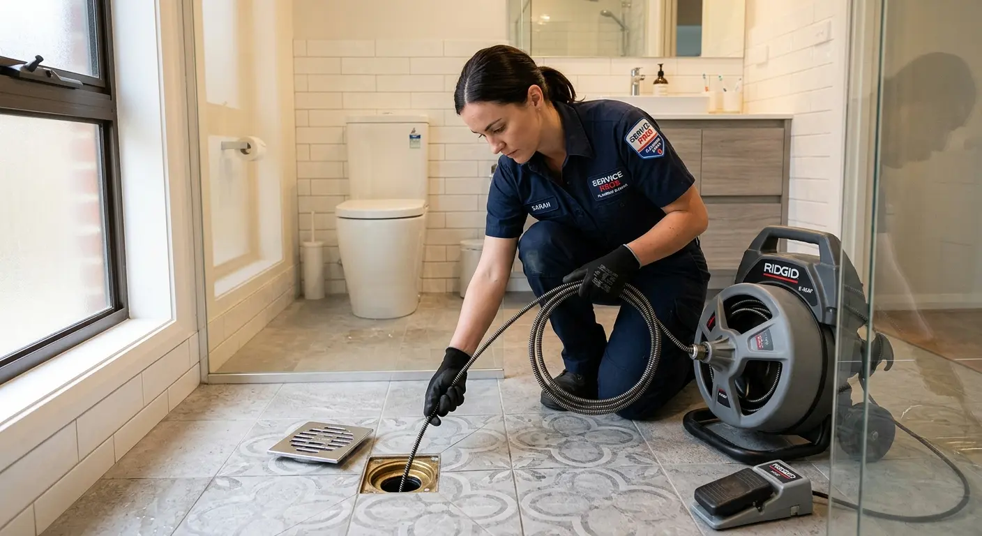 Technician clearing a bathroom floor drain for Hydro Jetting in Plain City